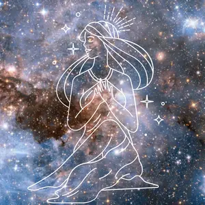 A line drawing of a woman sitting cross legged. Her hands are over her heart and there are marks emphasizing her crown chakra. She seems to be lit from within by the background of stars and galaxies.