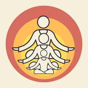 An image representing Spirit, soul, and me. On a warm beige background there are three circles, one within the other, of warm red, orange, and ochre. Within the three circles are seated figures with their arms open wide.