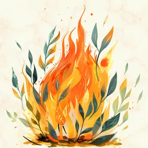 A stylized depiction of a fire. The orange flames invoke wings and feathers as if a phoenix is being forged. There is smoke and ash around the fire and in the shape of leaves invoking endings and new beginnings.