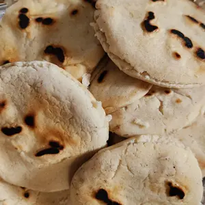 A photographic image of the corn gorditas I made placed in a haphazard pile. They are round and beige, the color of corn flour, with spots of char where the gordita rested on the hot iron skillet.