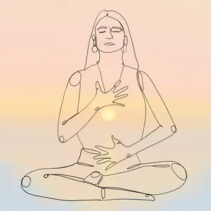 A line drawing of a woman sitting with her legs crossed. Her eyes are closed and her chin is tilted slightly upward. She has a peaceful energy. Her right hand is on her heart chakra. Her left hand is on her second and third chakra. The background is pastel shades of a sunrise. At the center of her is a golden glowing light.
