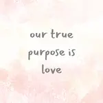 A gently mottled pink background with font that reads, "our true purpose is love".