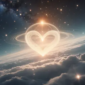 The image is of an ethereal heart surrounded by rings both vertical and horizontal. There are points of light at the top of the rings and the top of the heart. The background is space and stars, clouds and the curve ofearth.