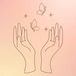 A line drawing of two hands in an open, upward position with butterflies and stars floating above them. The background is a warm peach.