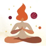 A modern graphical image of a woman sitting in mediation. There are depictions of stars and planets floating around her. With a background of wavy, flowing lines that feel like flow. The image is composed of warm gold, red, and brown tones.