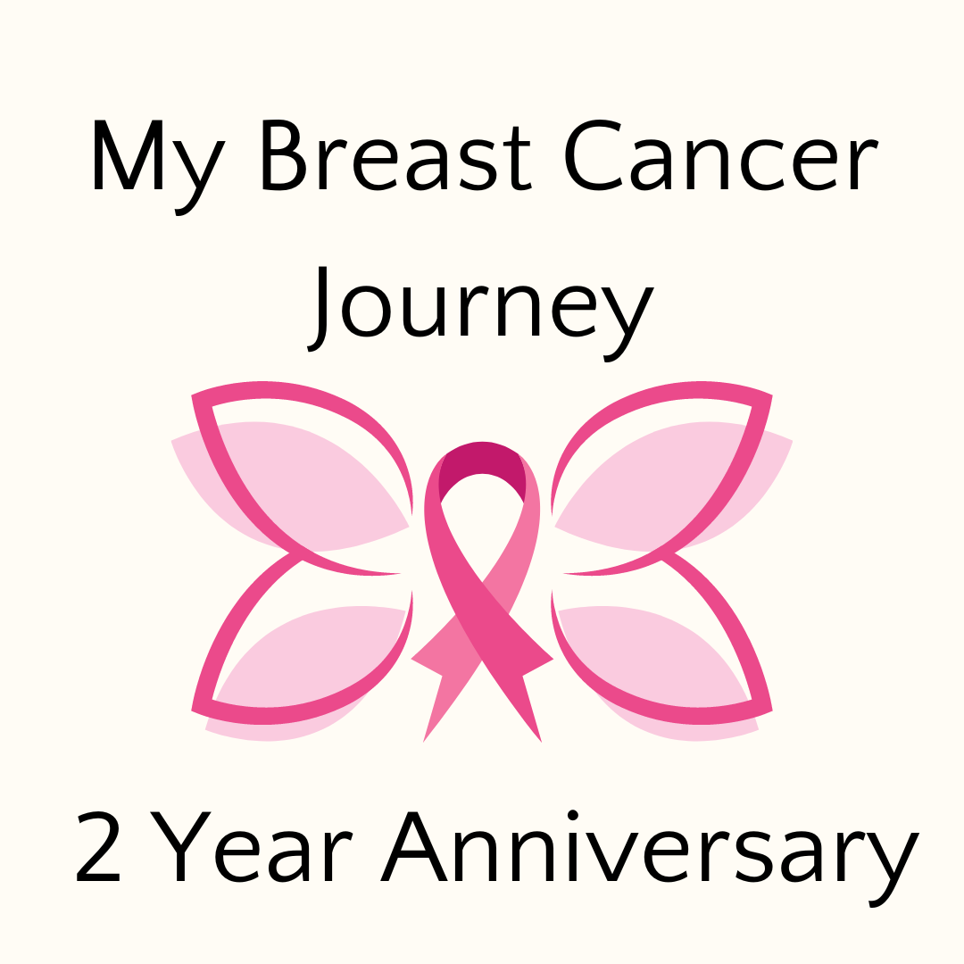 It reads "My Breast Cancer Journey, 2 Year Anniversary" with an image of a pink butterfly and ribbon.