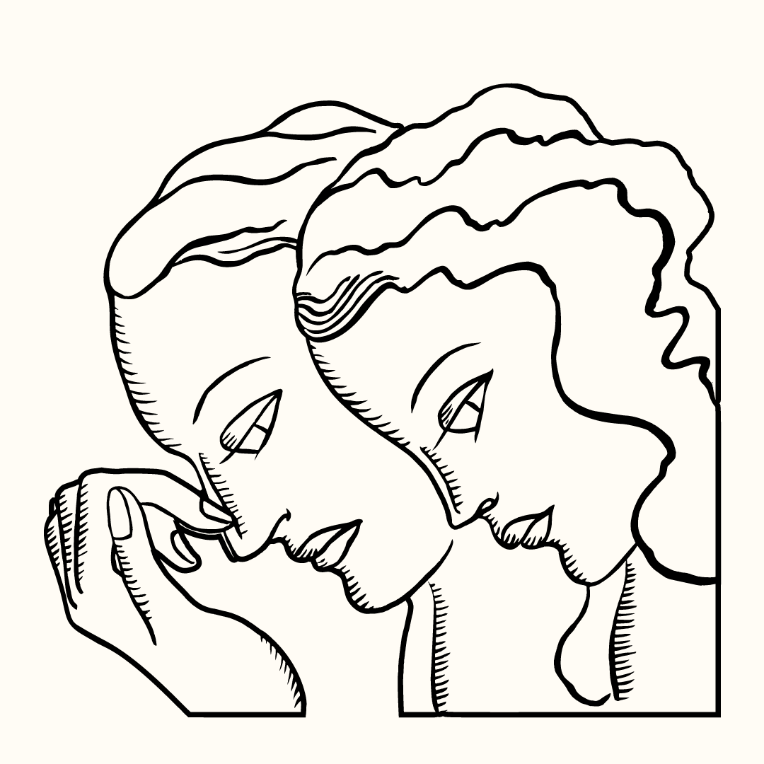 A line drawing of two women crying.