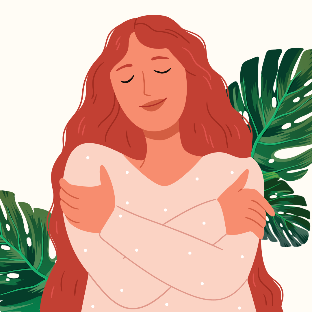 A stylized image of a woman holding herself.