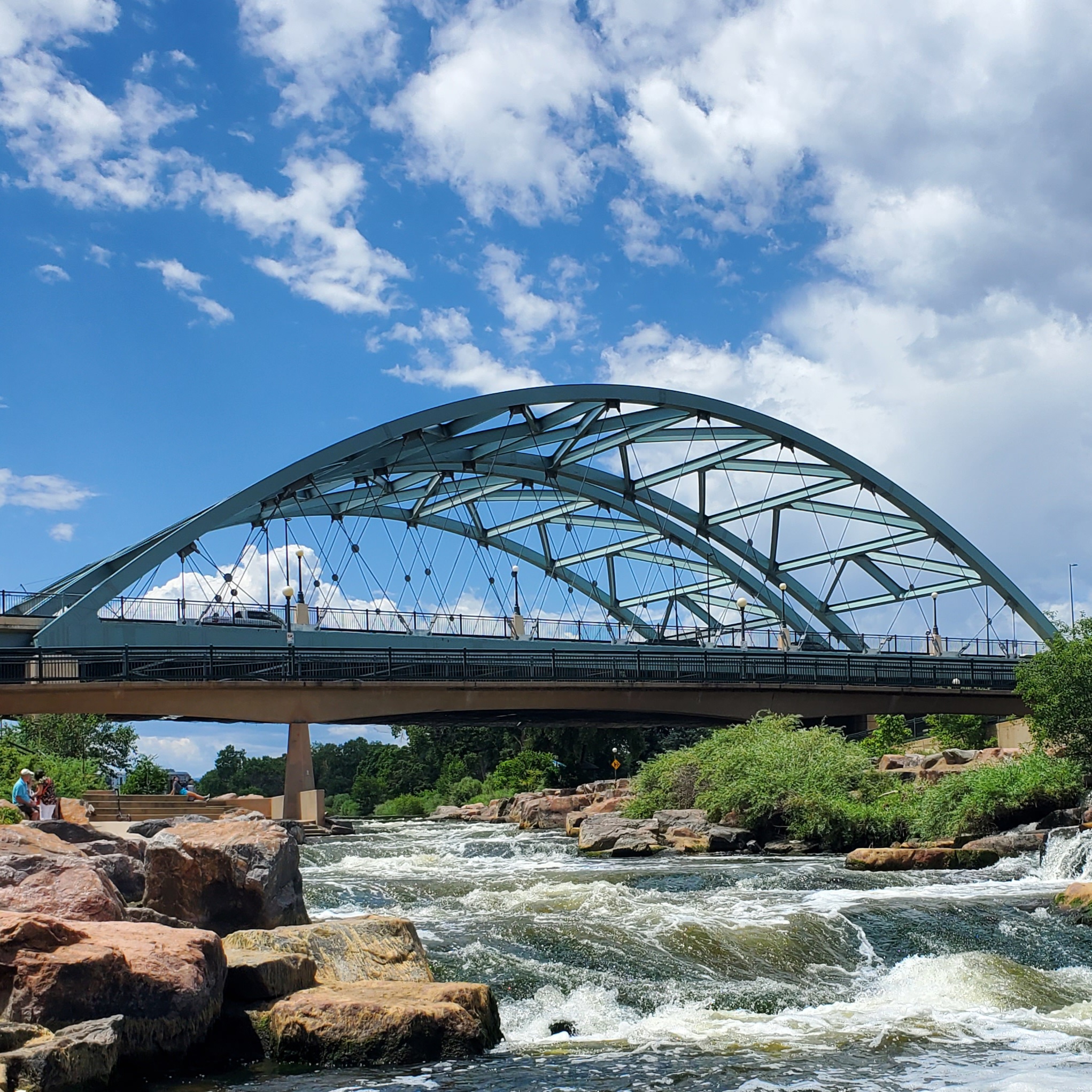 A bridge over a fast, flowing river.