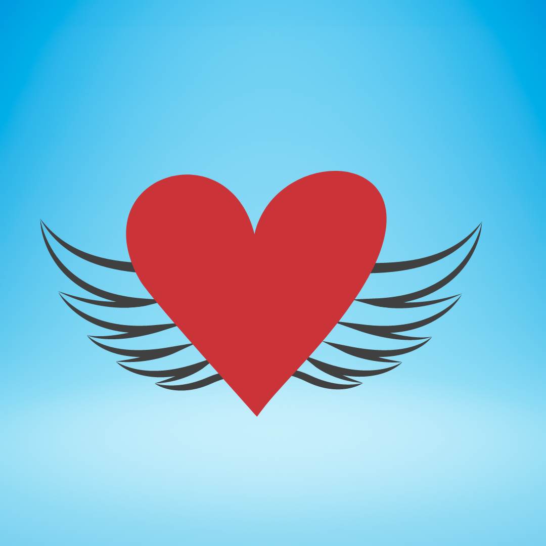 A heart with wings on a sky background.