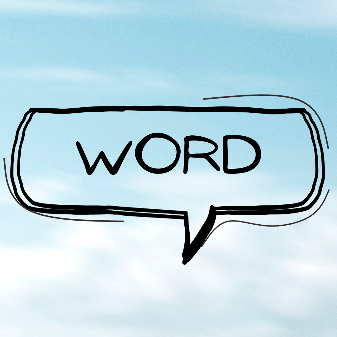 A word bubble with "word" inside on a blue sky background.