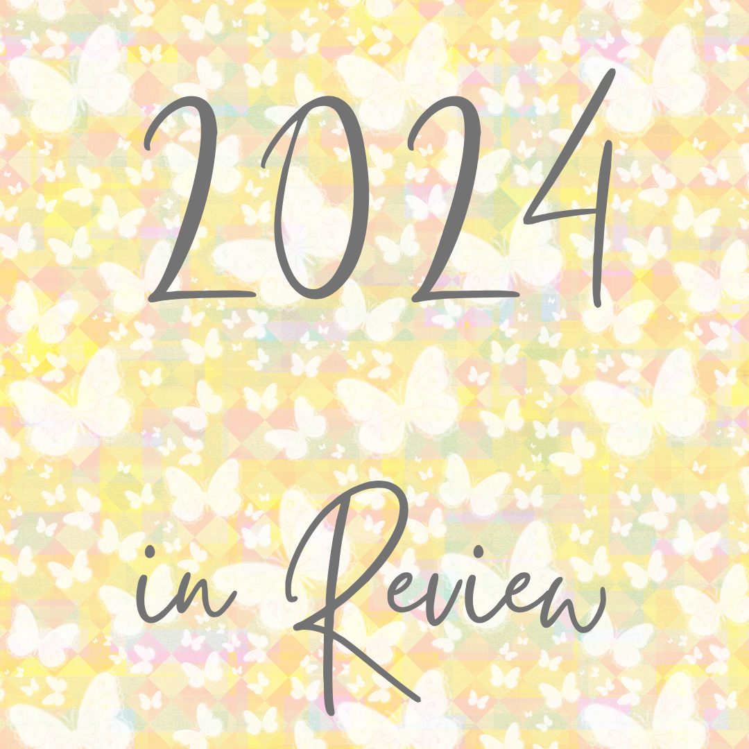 The image contains text that reads "2024 Year in Review" on a background of faint yellow butterflies.