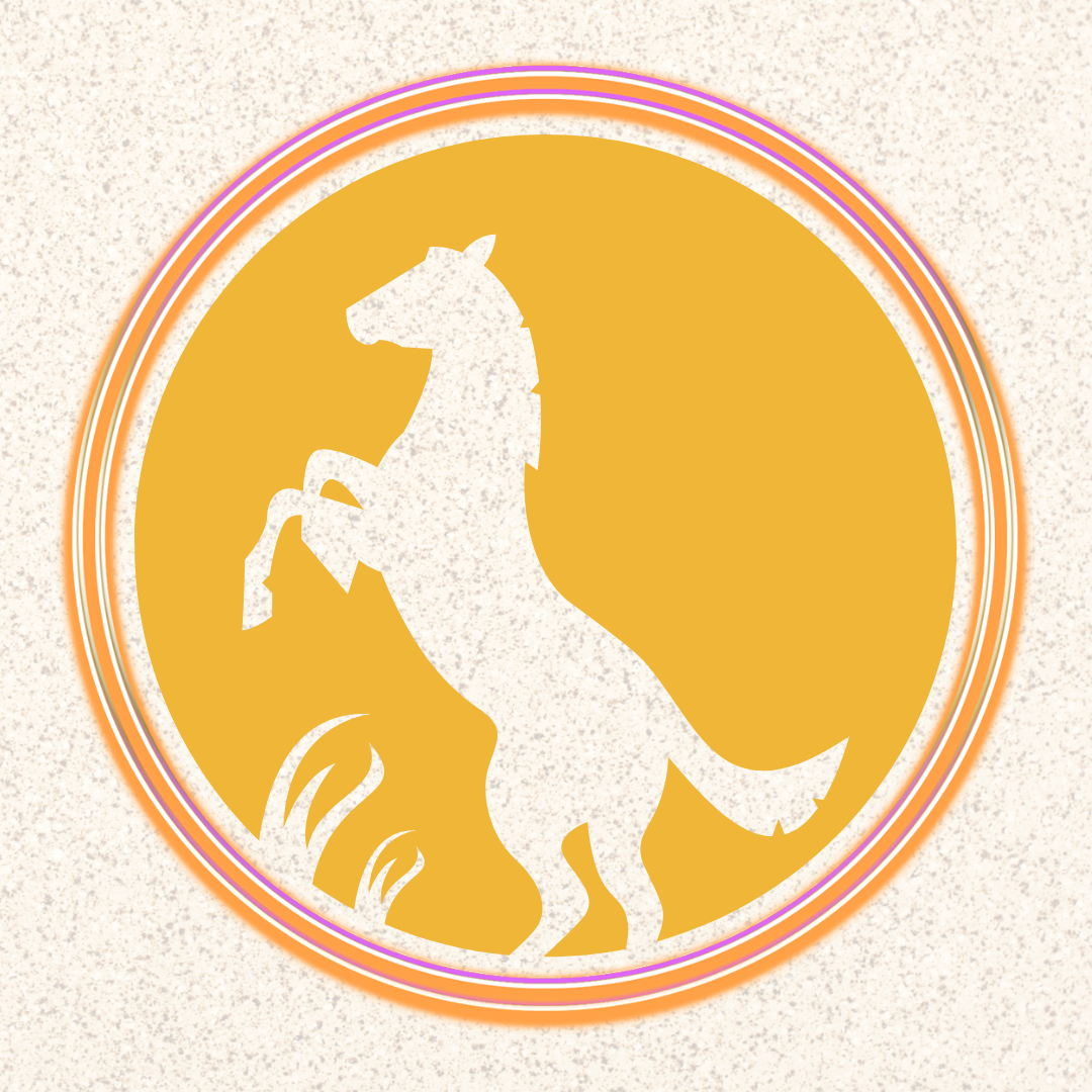 An silhouette of a horse rearing with flames underneath it. The horse appears in a circle of mustard yellow with multicolored rings around the outside of the circle. The background is beige and slightly textured as if it is old, crumpled paper.