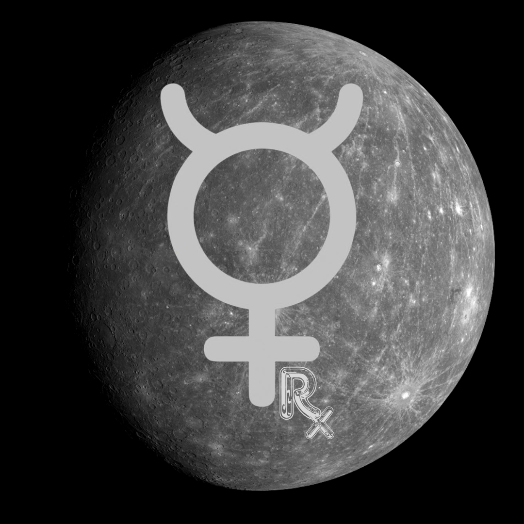 The symbol for Mercury with a symbol for retrograde. The background is a photographic image of the planet Mercury. All are in shades of gray. The symbol for Mercury with a symbol for retrograde. The background is a photographic image of the planet Mercury. All are in shades of gray.