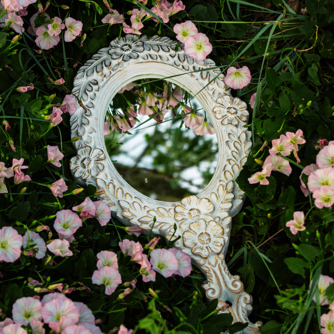A decorative mirror sitting in and reflecting pink flowers and green foliage.