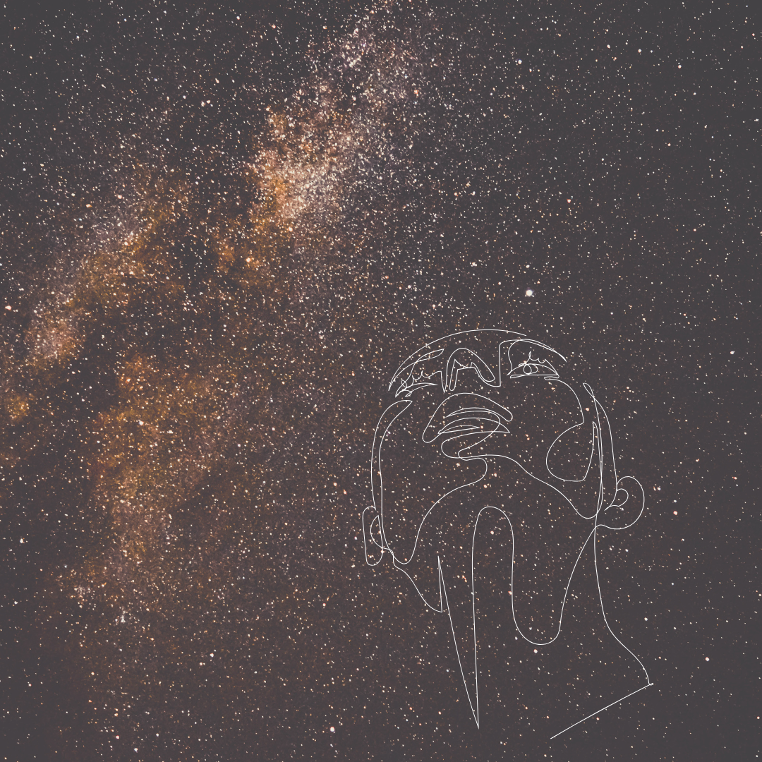 A line drawing of a woman looking up with a background of deep outer space.