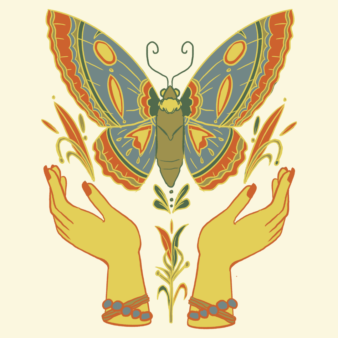 An artistic image of outstretched hands either releasing or receiving a butterfly. An artistic image of outstretched hands either releasing or receiving a butterfly.