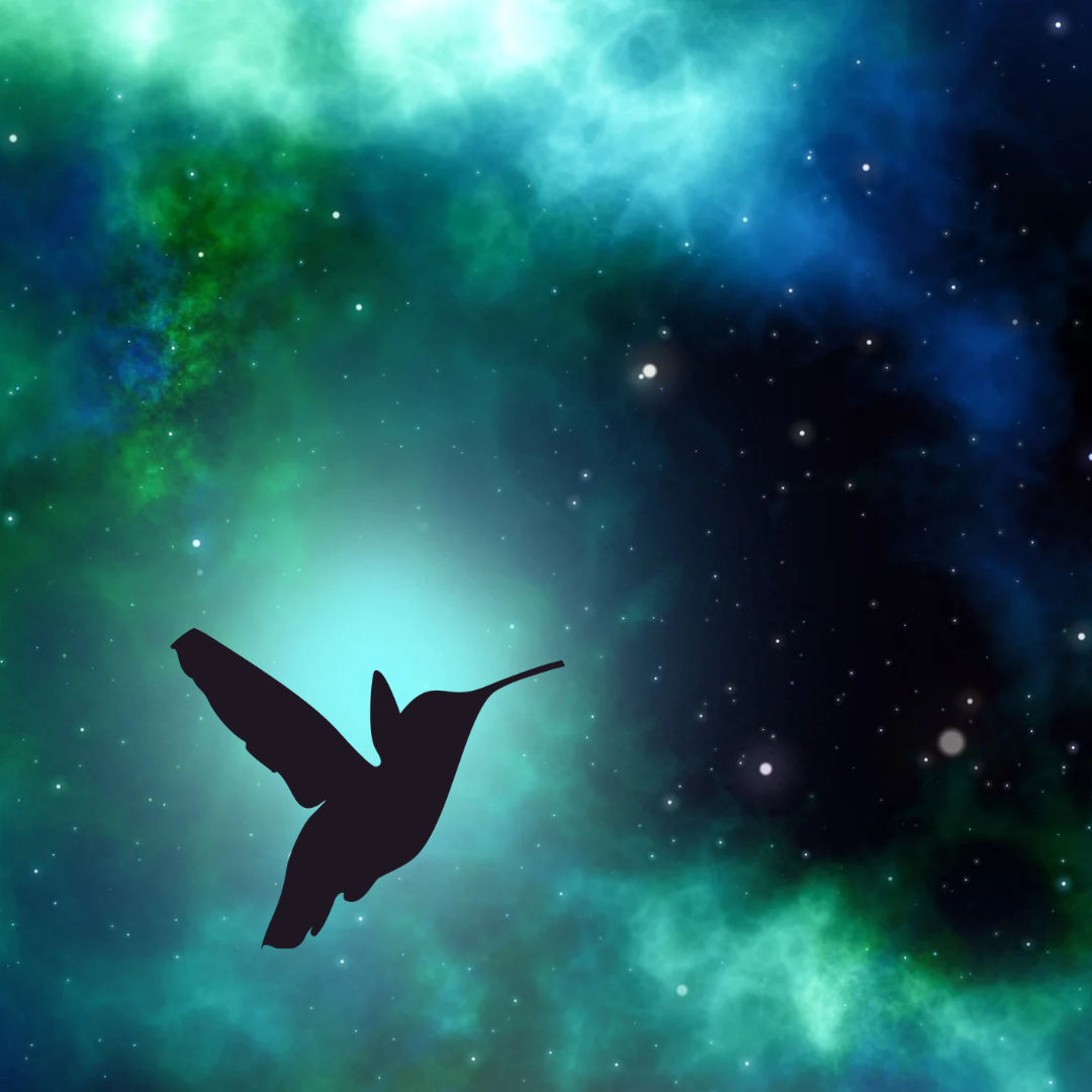 A silhouette of a hummingbird on a background of green outer space.