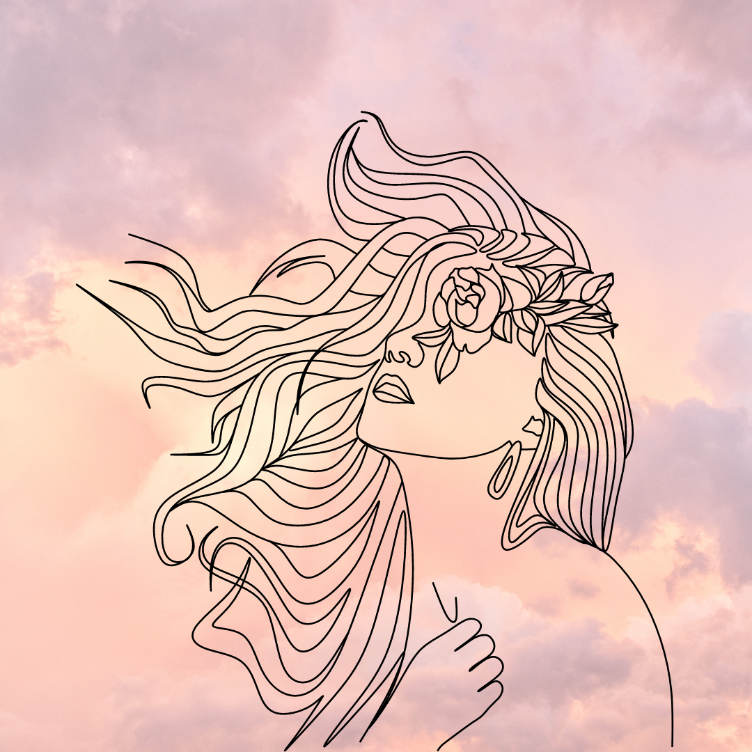 A line drawing of a woman holding her chest, head thrown back and hair moving in the breeze. On a background of pink and lavender clouds.