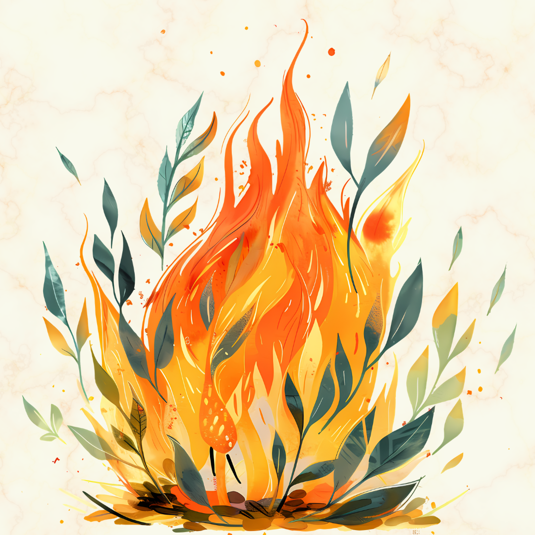 A stylized depiction of a fire. The orange flames invoke wings and feathers as if a phoenix is being forged. There is smoke and ash around the fire and in the shape of leaves invoking endings and new beginnings.
