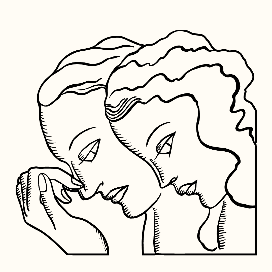 A line drawing of two women with their heads lowered in sorrow.
