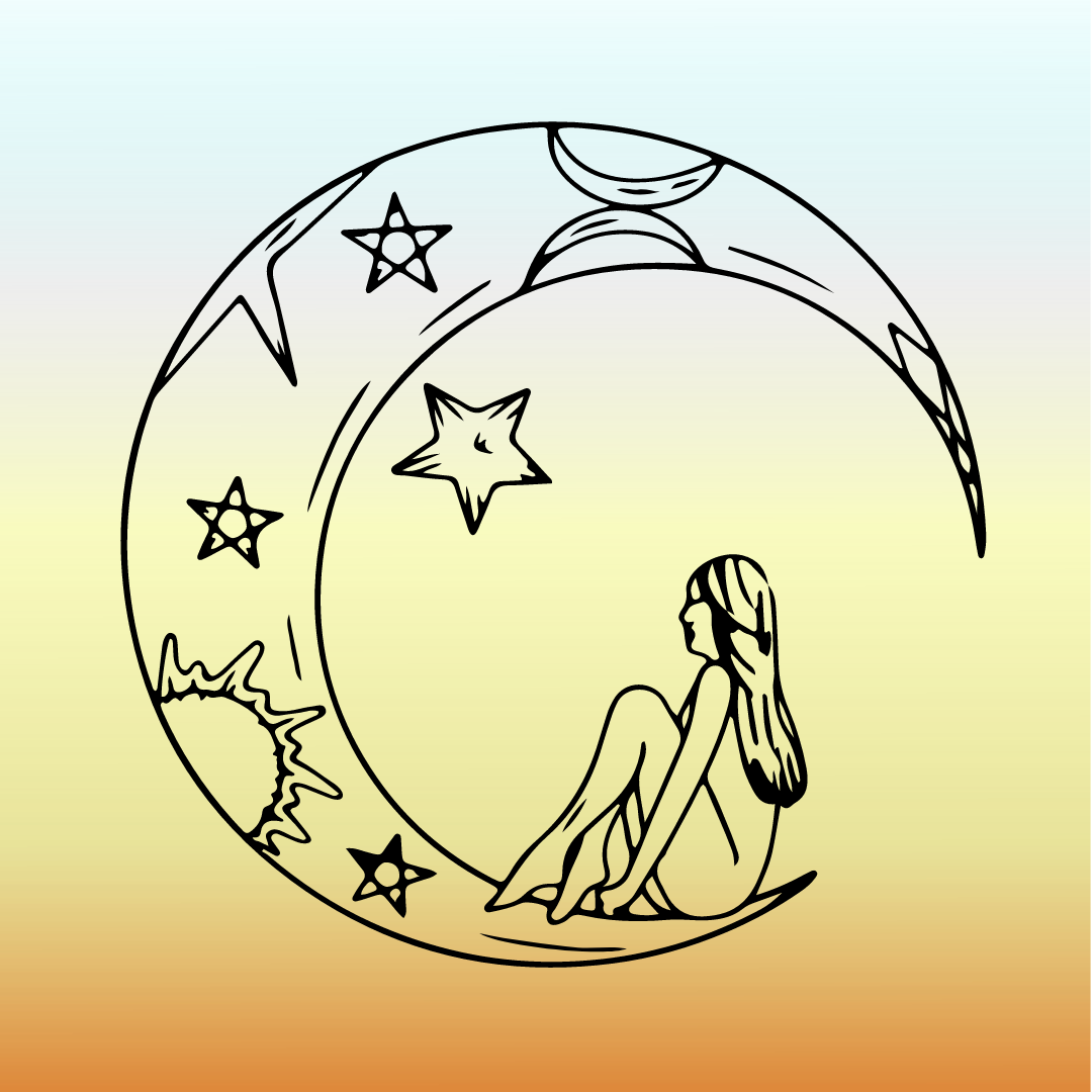 A line drawing of a woman sitting on a crescent moon. The moon is filled with celestial images.