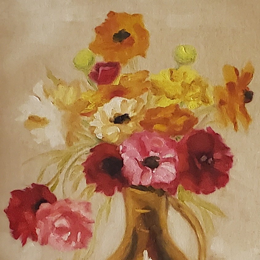 An oil painting of flowers in a brass jug. My dad's painting. An oil painting of flowers in a brass jug. My dad's painting.