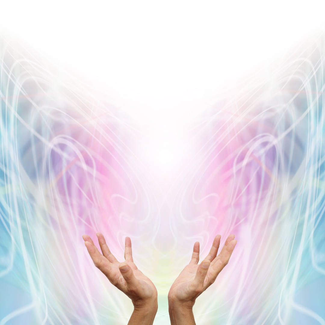 Rainbow colored energy in outstretched hands.