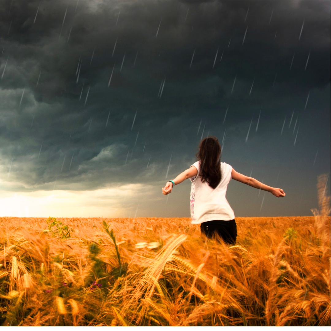 A woman standing in a field of ripe wheat. Her arms are open wide as a dark storm approaches. The wind can be felt in the wheat, in the clothes and hair. The storm is approaching and swirling around her. A woman standing in a field of ripe wheat. Her arms are open wide as a dark storm approaches. The wind can be felt in the wheat, in the clothes and hair. The storm is approaching and swirling around her.