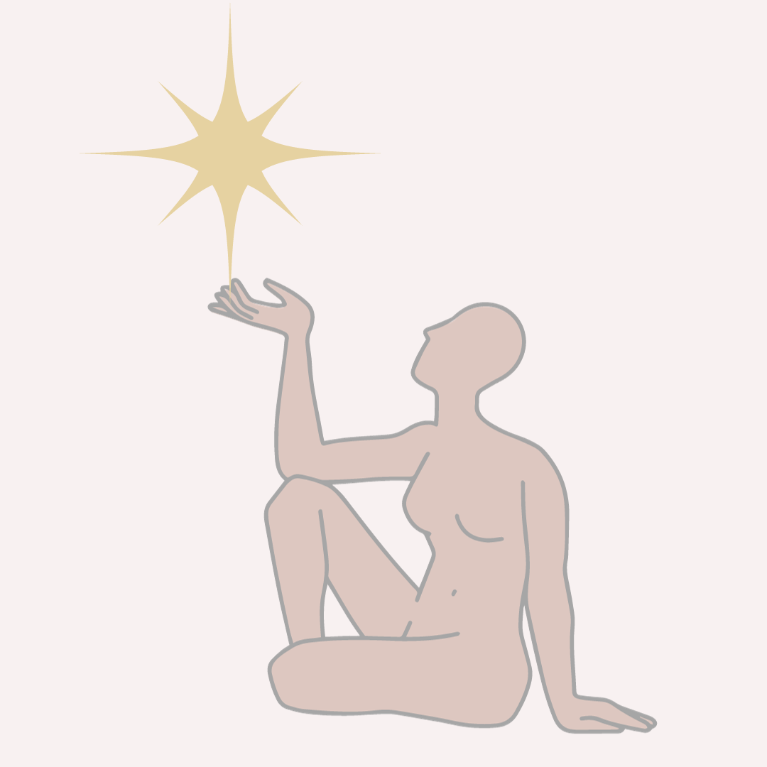 A seated figure with one hand reaching up to a star.