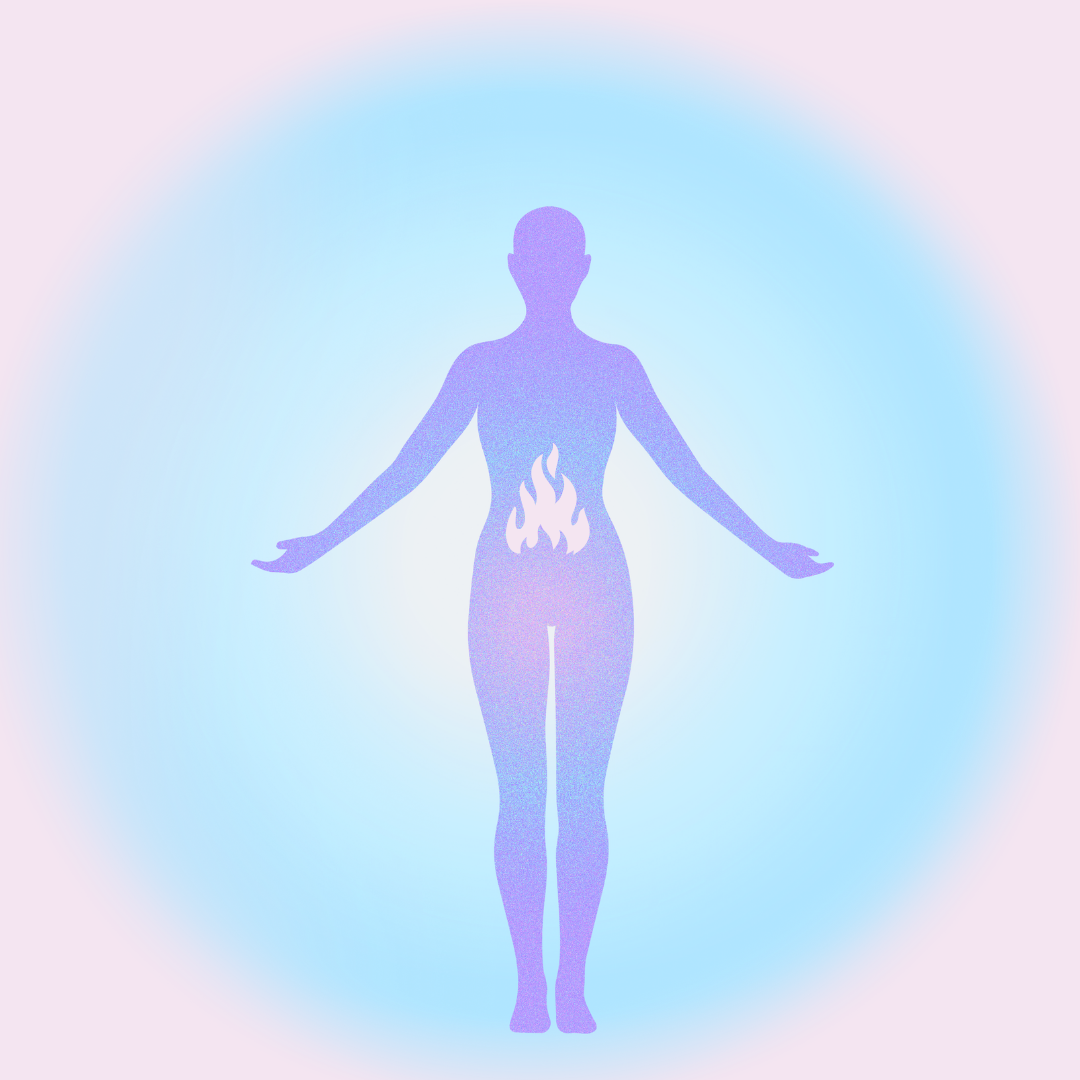 A figure on a background of ethereal colors. The figure has a flame at the center, a soul flame.