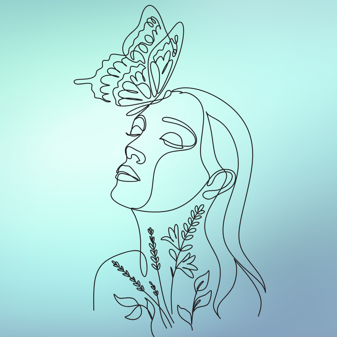 A line drawing a woman with a butterfly on her forehead. The background is turquoise to align with the throat chakra. The image is to invoke the process of healing.