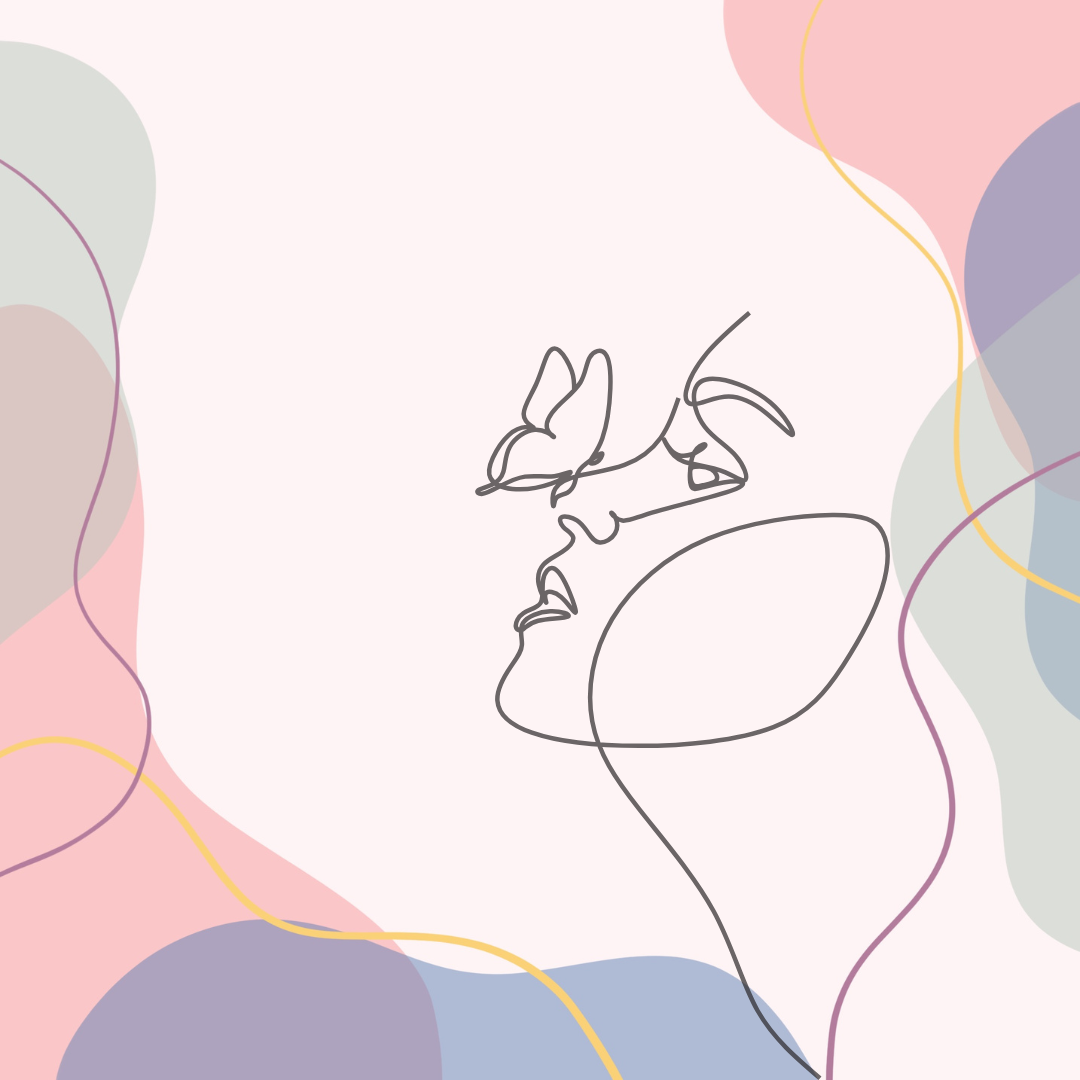 A line drawn head of a woman. Her face is turned up to the butterfly on her nose. A line drawn head of a woman. Her face is turned up to the butterfly on her nose.