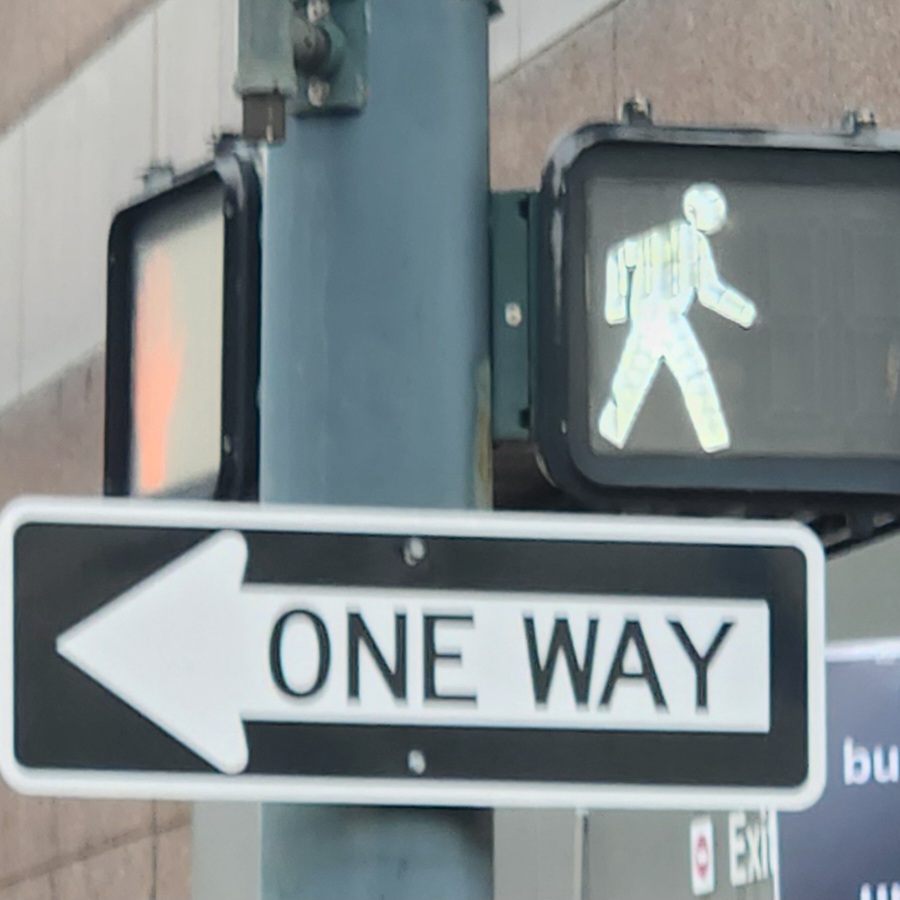 An image of a street sign that says "One Way" and a walk sign going in the opposite direction.