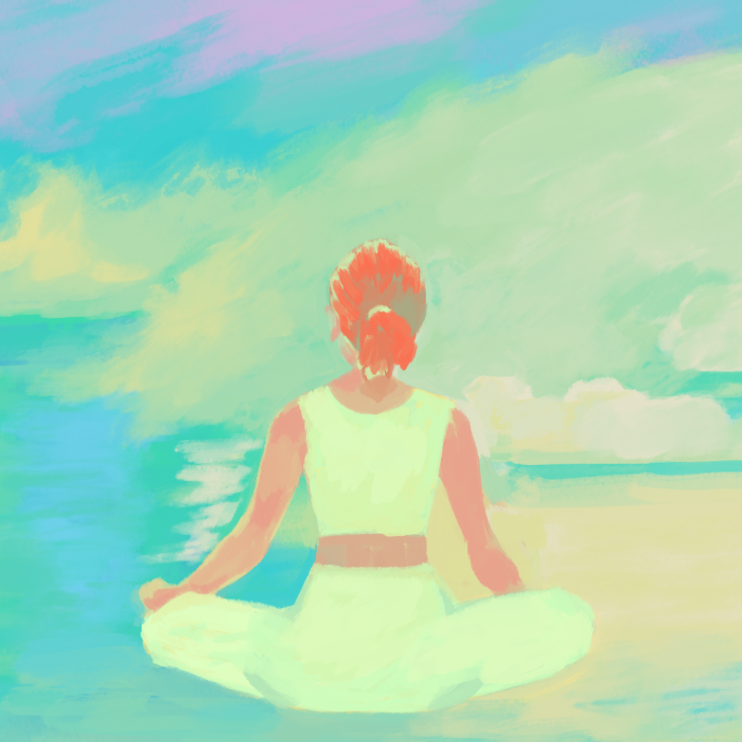 A drawn image of a woman sitting in meditation on a colorful background.
