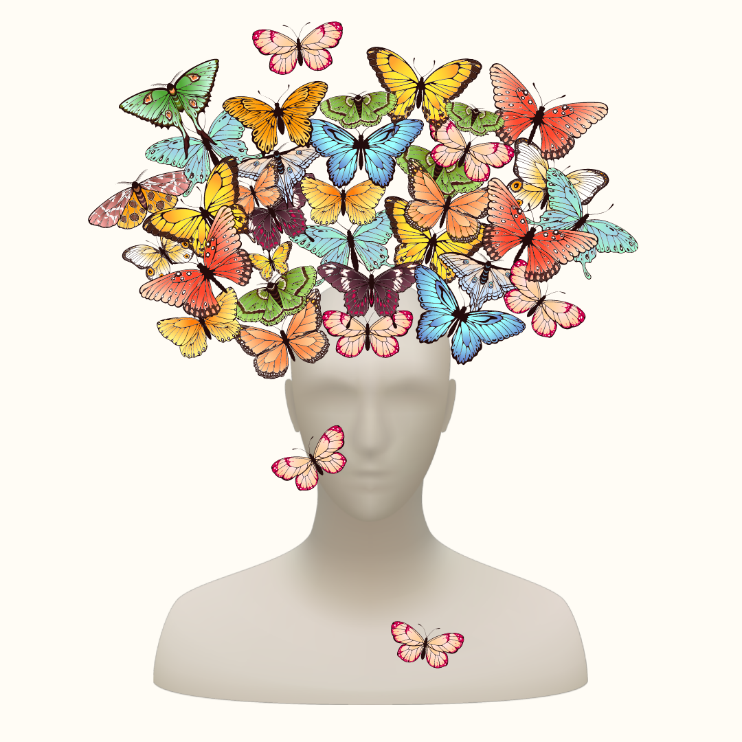 An image of a head with butterflies flying from the top. 