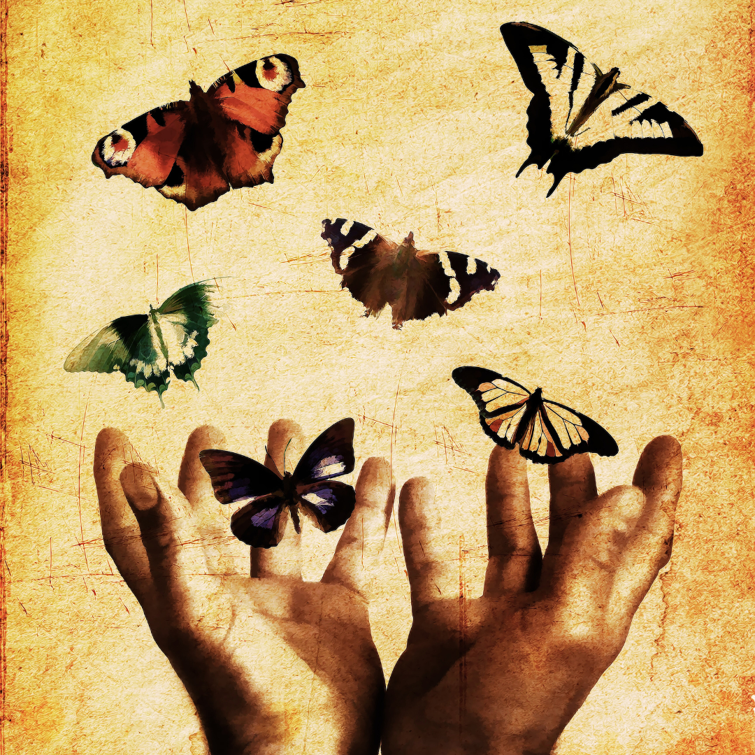 A vintage looking image of two hands releasing butterflies of various colors, shapes, and sizes. The overall tone of the print is a golden.