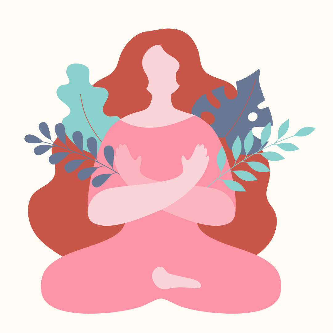 A stylized image of a woman sitting in mediation with her arms wrapped around herself. A stylized image of a woman sitting in mediation with her arms wrapped around herself.