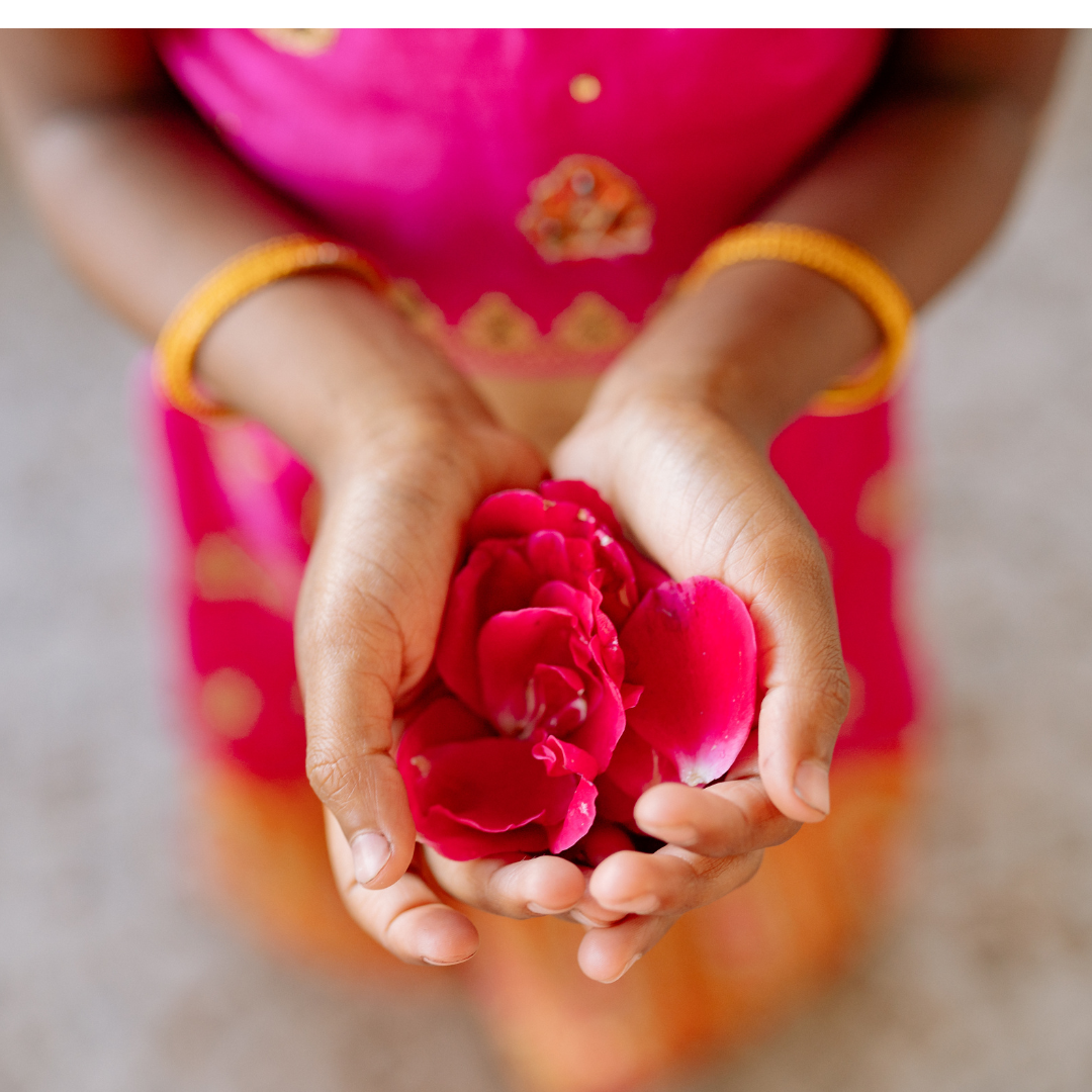 Two hands cupped together and filled with bright red-pink petals. The background is the person's orange bangle bracelets and beautiful orange and pink garment.