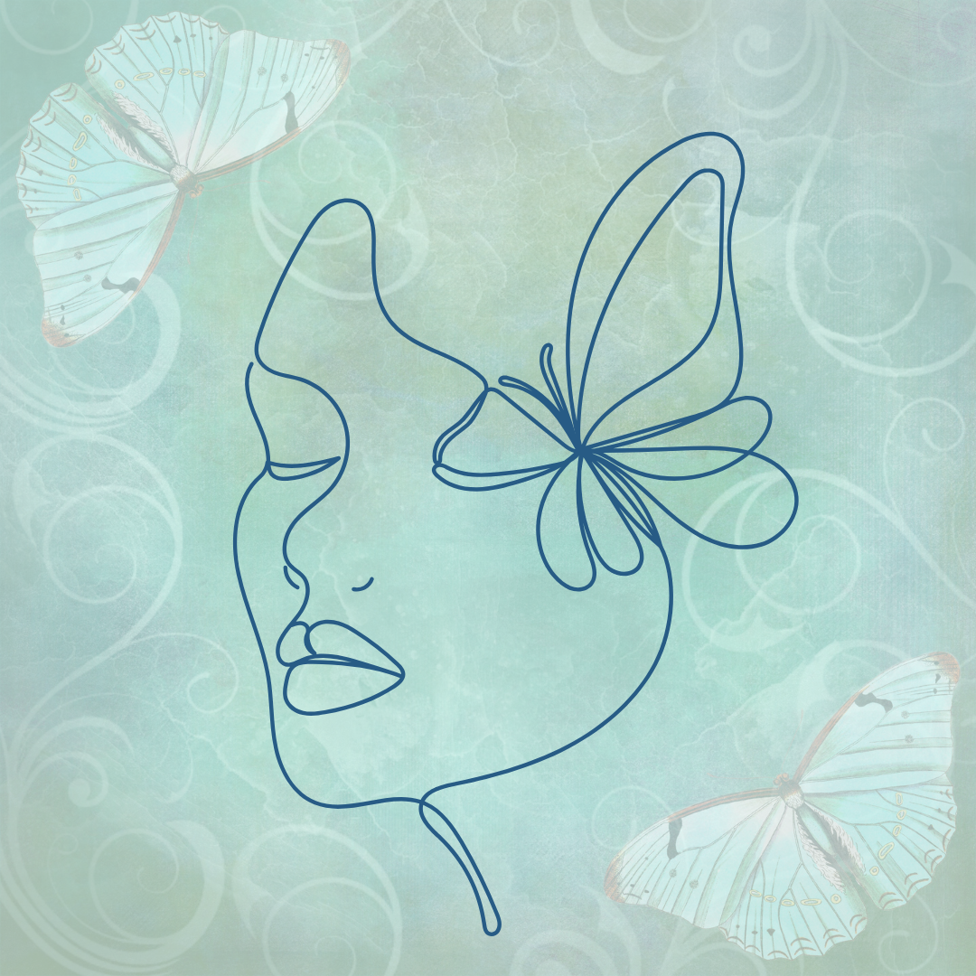 A line drawing of a woman with a butterfly. The background is green and also includes butterflies, the symbol of soul and transformation. A line drawing of a woman with a butterfly. The background is green and also includes butterflies, the symbol of soul and transformation.