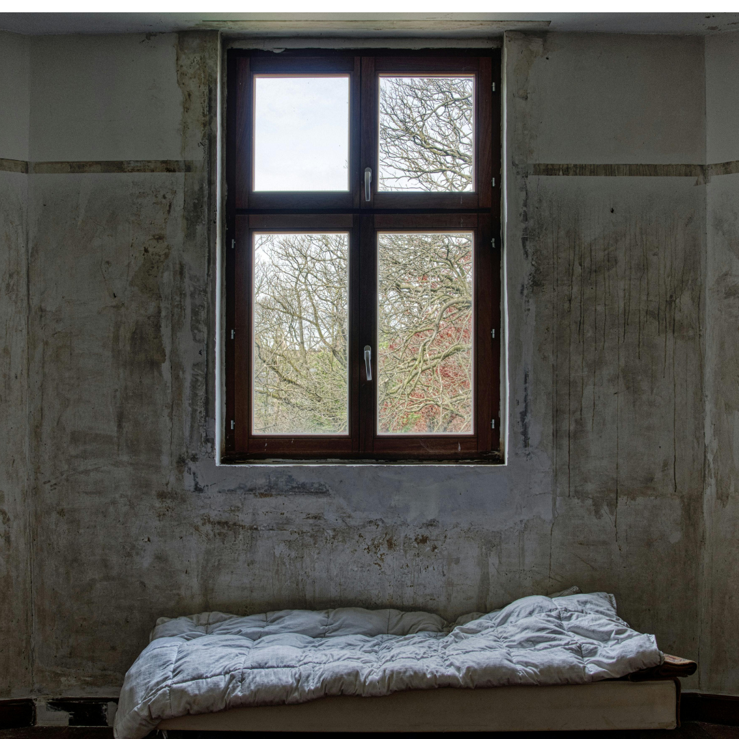 The image is a lonely scene. A cot with a quilt is placed underneath a window. Through the window we can see the bare branches of trees in winter. The color palette is shades of cold black and grey.