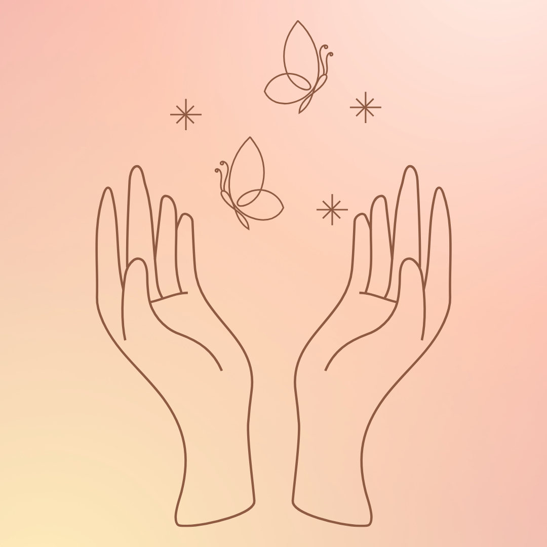 A line drawing of two hands in an open, upward position with butterflies and stars floating above them. The background is a warm peach.