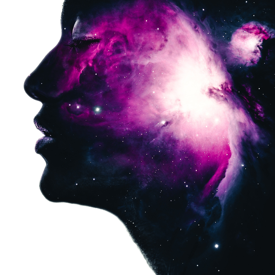 A silhouette of a woman that is the universe, stars, and outer space.