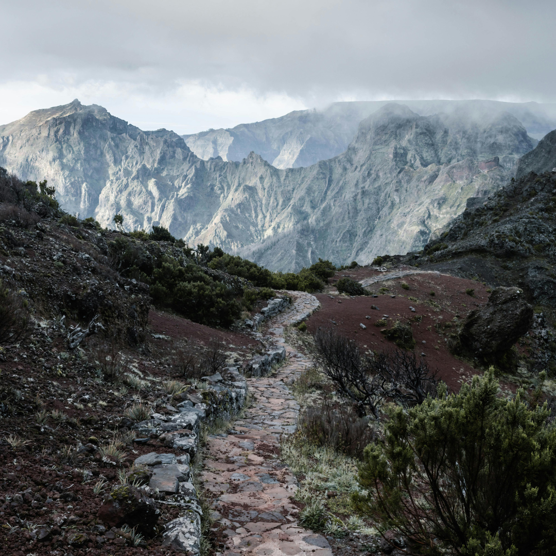 A photographic image of a stone path winding between brush covered rises on both sides. In the distance are sharp, stone mountain peaks some of which are covered in misty clouds.