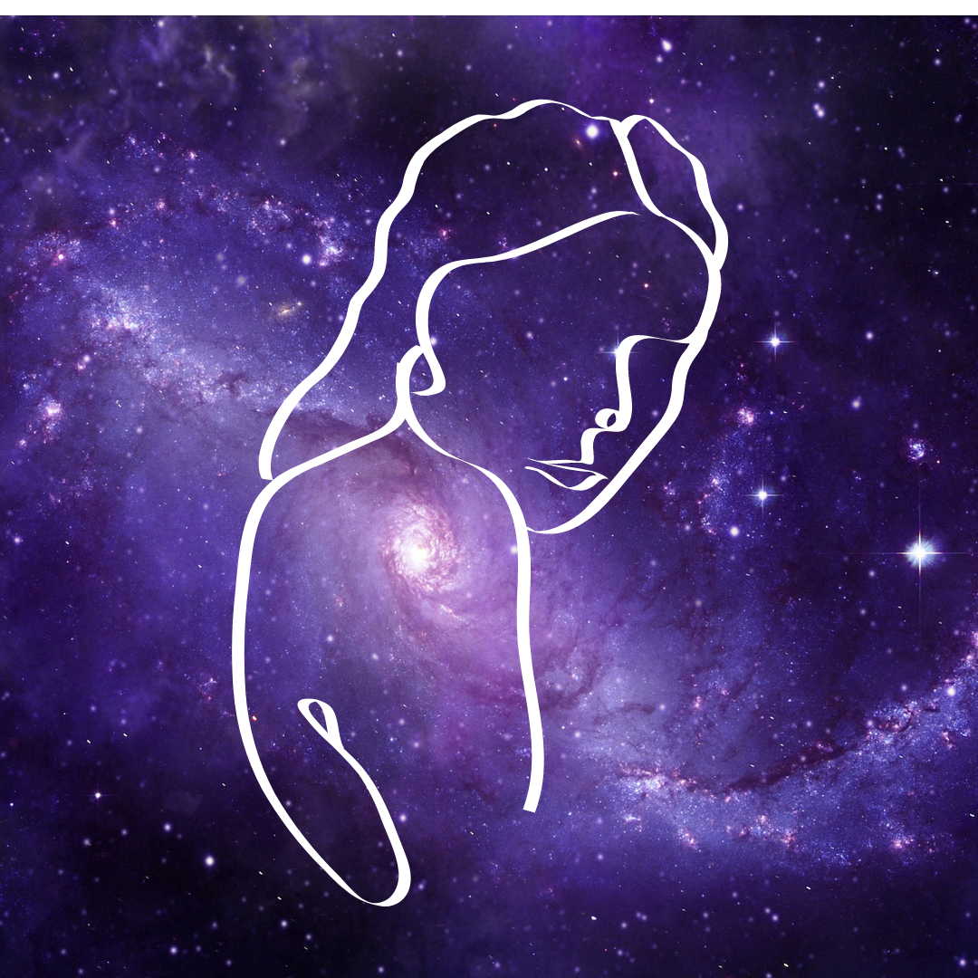 On background of an image of the universe is a line drawing of a woman leaning into her right shoulder.