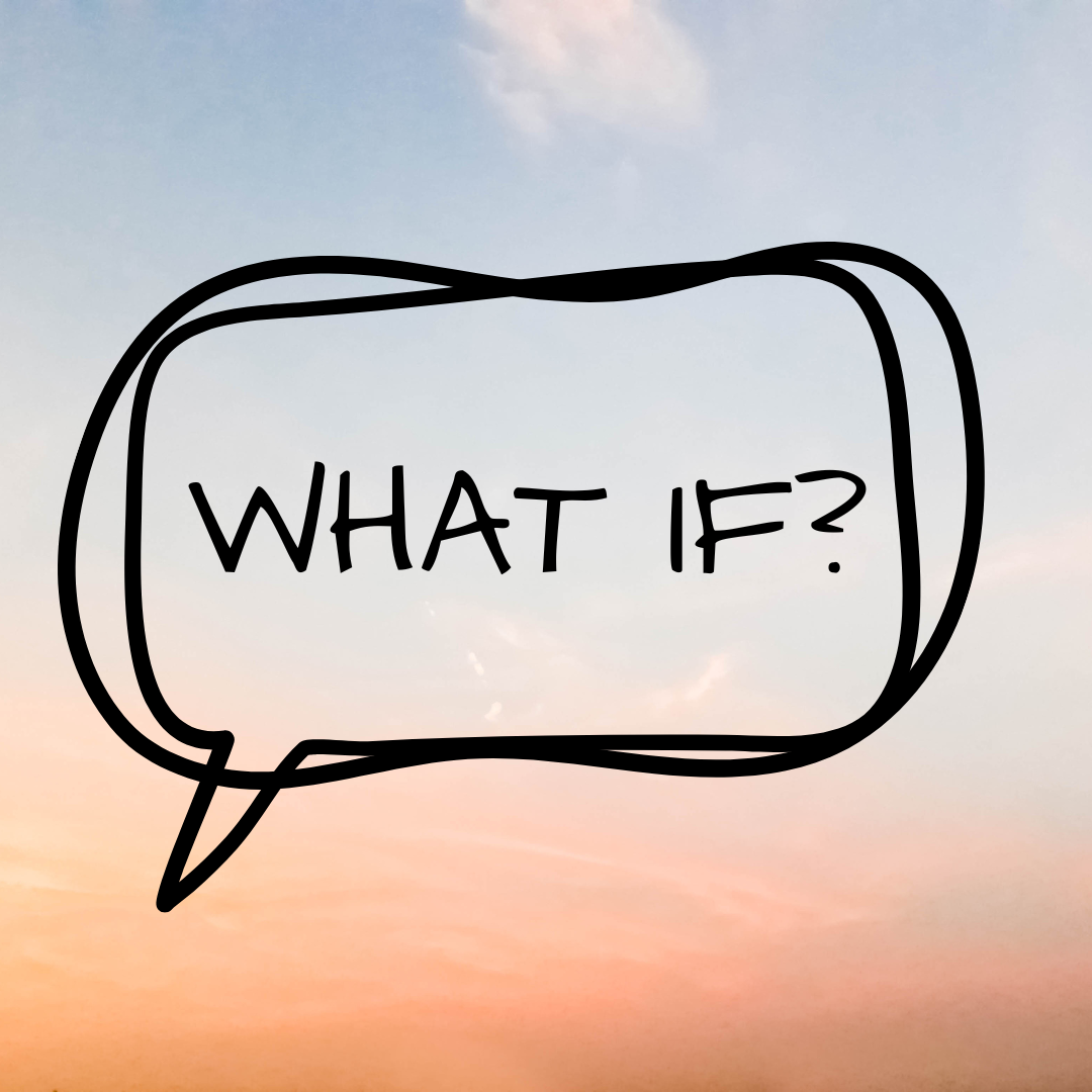 The words "what if" in a word bubble on a sky background. The words "what if" in a word bubble on a sky background.