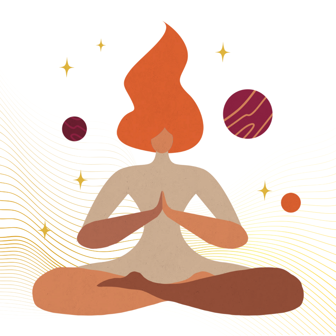 A modern graphical image of a woman sitting in mediation. There are depictions of stars and planets floating around her. With a background of wavy, flowing lines that feel like flow. The image is composed of warm gold, red, and brown tones. A modern graphical image of a woman sitting in mediation. There are depictions of stars and planets floating around her. With a background of wavy, flowing lines that feel like flow. The image is composed of warm gold, red, and brown tones.